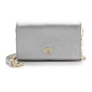 Tory Burch Robinson Metallic Chain Wallet silver
